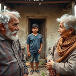 A scene depicting a poor family's elderly parents having a heartfelt conversation with their young 19-year-old son, set in front of their small, humble house