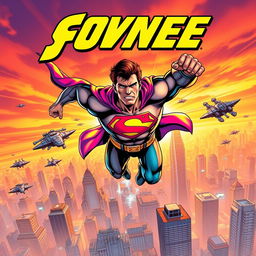 A dynamic comic book cover featuring a superhero in action, showcasing a muscular figure in a vibrant, colorful costume with a bold emblem on the chest