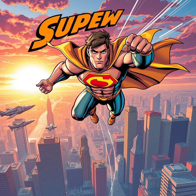 A dynamic comic book cover featuring a superhero in action, showcasing a muscular figure in a vibrant, colorful costume with a bold emblem on the chest