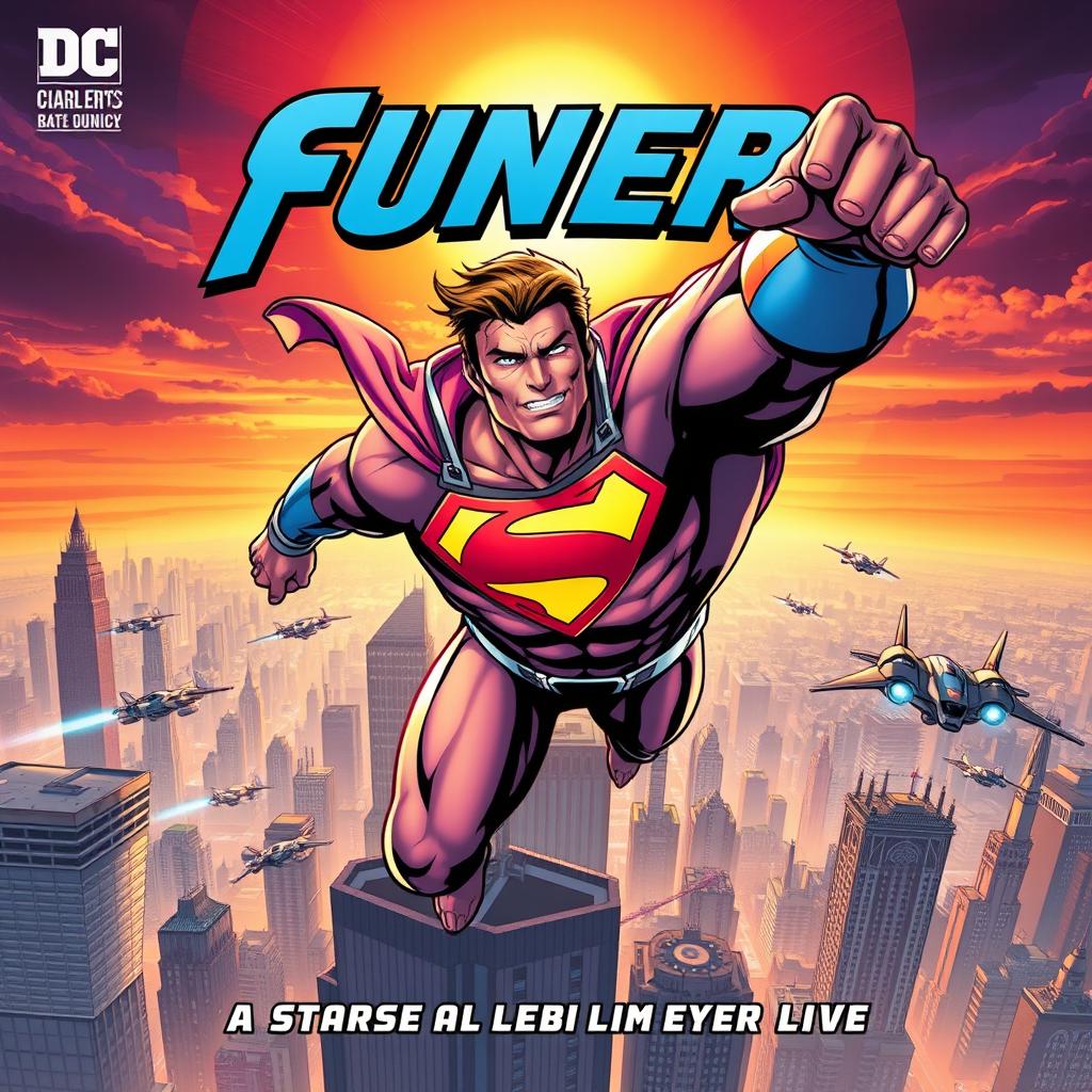 A dynamic comic book cover featuring a superhero in action, showcasing a muscular figure in a vibrant, colorful costume with a bold emblem on the chest