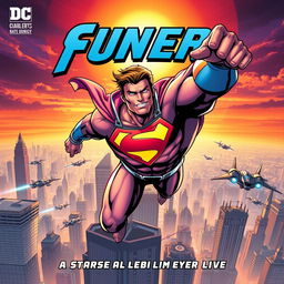 A dynamic comic book cover featuring a superhero in action, showcasing a muscular figure in a vibrant, colorful costume with a bold emblem on the chest