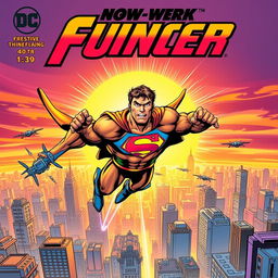 A dynamic comic book cover featuring a superhero in action, showcasing a muscular figure in a vibrant, colorful costume with a bold emblem on the chest