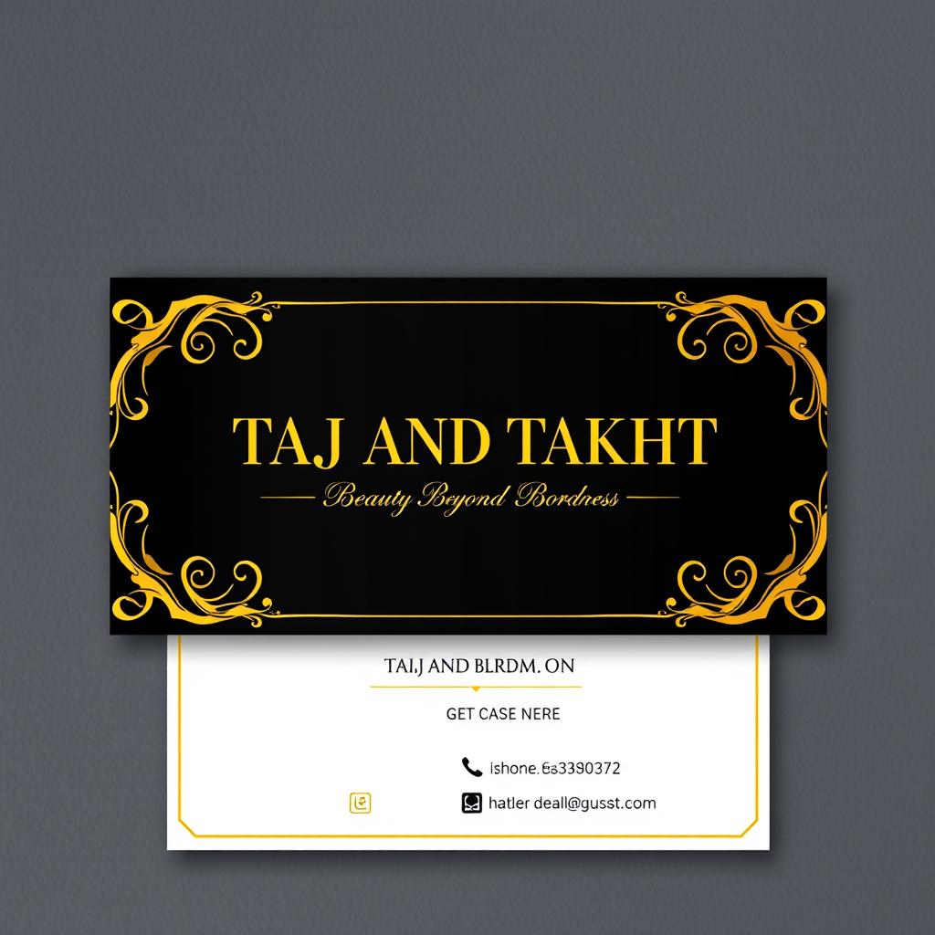 A stylish business card design for a cosmetics brand named 'TAJ AND TAKHT'