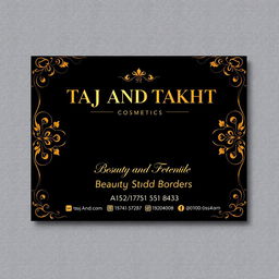 A stylish business card design for a cosmetics brand named 'TAJ AND TAKHT'