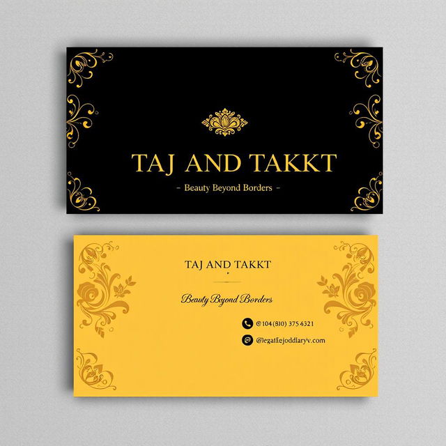 A stylish business card design for a cosmetics brand named 'TAJ AND TAKHT'