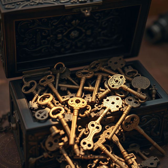 A beautifully detailed treasure box overflowing with an assortment of antique keys, some ornate and others simple