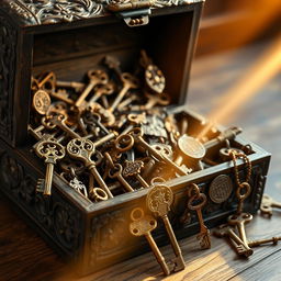 A beautifully detailed treasure box overflowing with an assortment of antique keys, some ornate and others simple