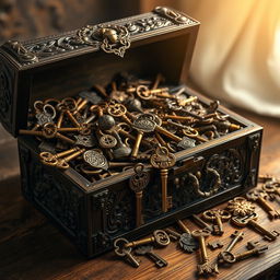 A beautifully detailed treasure box overflowing with an assortment of antique keys, some ornate and others simple