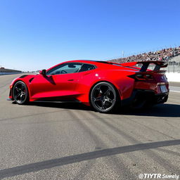 An eye-catching sports car displayed in a full side view, showcasing its dynamic design and performance features