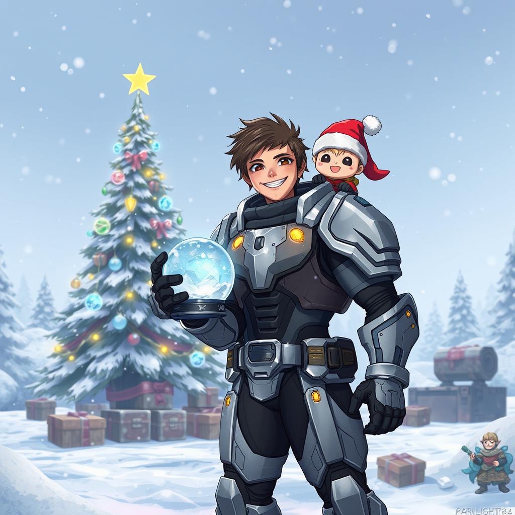 A futuristic hero from FARLIGHT84, wearing iconic armor, stands joyfully in a snow-covered battlefield, accompanied by a quirky and lovable buddy perched on their shoulder