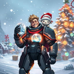 A futuristic hero from FARLIGHT84, wearing iconic armor, stands joyfully in a snow-covered battlefield, accompanied by a quirky and lovable buddy perched on their shoulder