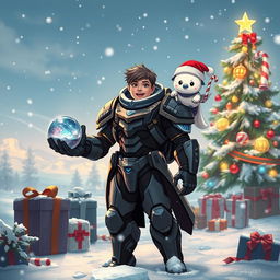 A futuristic hero from FARLIGHT84, wearing iconic armor, stands joyfully in a snow-covered battlefield, accompanied by a quirky and lovable buddy perched on their shoulder