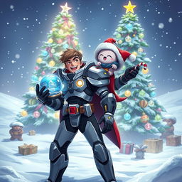A futuristic hero from FARLIGHT84, wearing iconic armor, stands joyfully in a snow-covered battlefield, accompanied by a quirky and lovable buddy perched on their shoulder