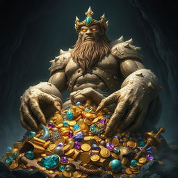 A powerful and mythical Earth Devour King, depicted as a colossal figure with a rugged, earth-like texture to its skin, blending seamlessly with the jewels and gold it has hoarded