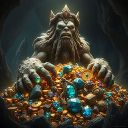 A powerful and mythical Earth Devour King, depicted as a colossal figure with a rugged, earth-like texture to its skin, blending seamlessly with the jewels and gold it has hoarded