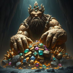 A powerful and mythical Earth Devour King, depicted as a colossal figure with a rugged, earth-like texture to its skin, blending seamlessly with the jewels and gold it has hoarded