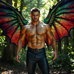 A powerful and majestic man with large, iridescent dragon wings, showcasing intricate feather patterns