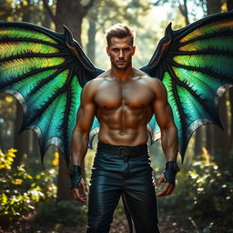 A powerful and majestic man with large, iridescent dragon wings, showcasing intricate feather patterns