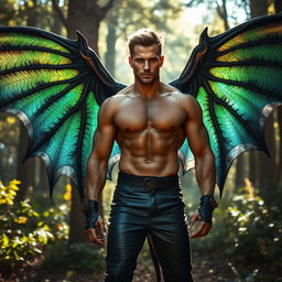 A powerful and majestic man with large, iridescent dragon wings, showcasing intricate feather patterns