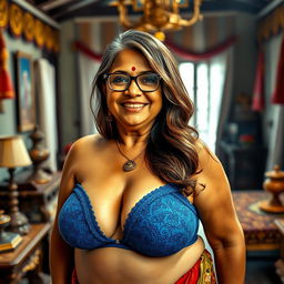 A realistic image of a wealthy Indian village woman over 60 years old, voluptuous and curvy, with long brown hair styled beautifully and wearing glasses