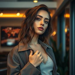 A close-up, artistic portrayal of a confident young woman in a stylish, contemporary setting