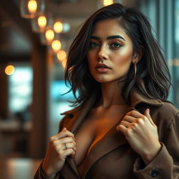 A close-up, artistic portrayal of a confident young woman in a stylish, contemporary setting