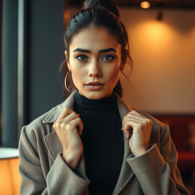 A close-up, artistic portrayal of a confident young woman in a stylish, contemporary setting