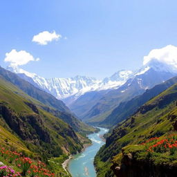 A breathtaking panoramic view of the majestic Himalayan mountain range, showcasing snow-capped peaks towering into a clear blue sky