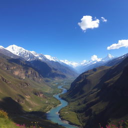 A breathtaking panoramic view of the majestic Himalayan mountain range, showcasing snow-capped peaks towering into a clear blue sky