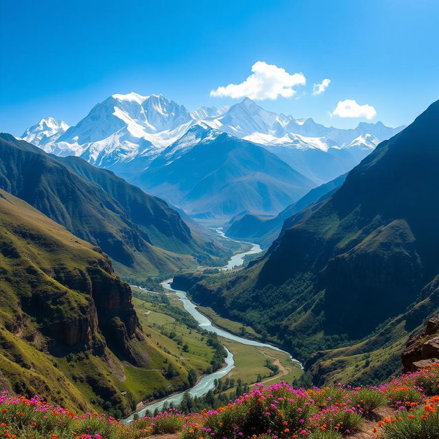 A breathtaking panoramic view of the majestic Himalayan mountain range, showcasing snow-capped peaks towering into a clear blue sky