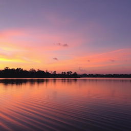 A serene landscape featuring a lovely sunset over a tranquil lake