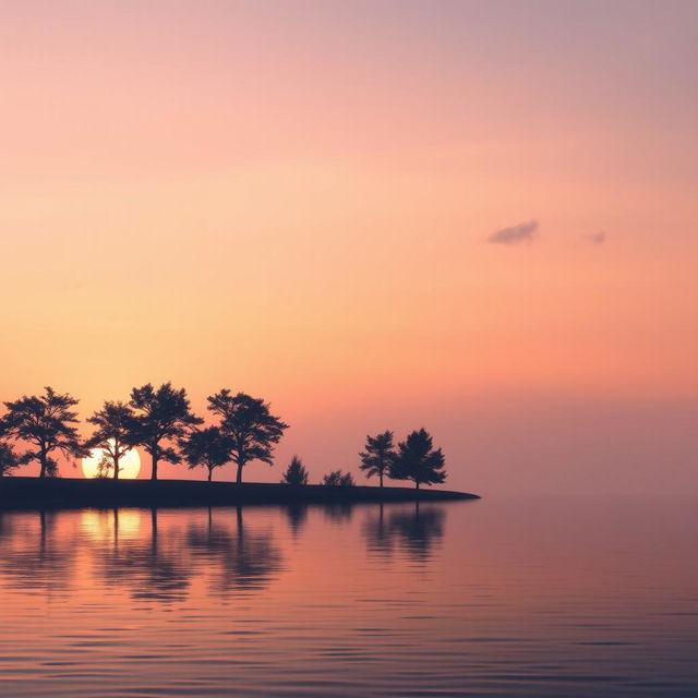 A serene landscape featuring a lovely sunset over a tranquil lake