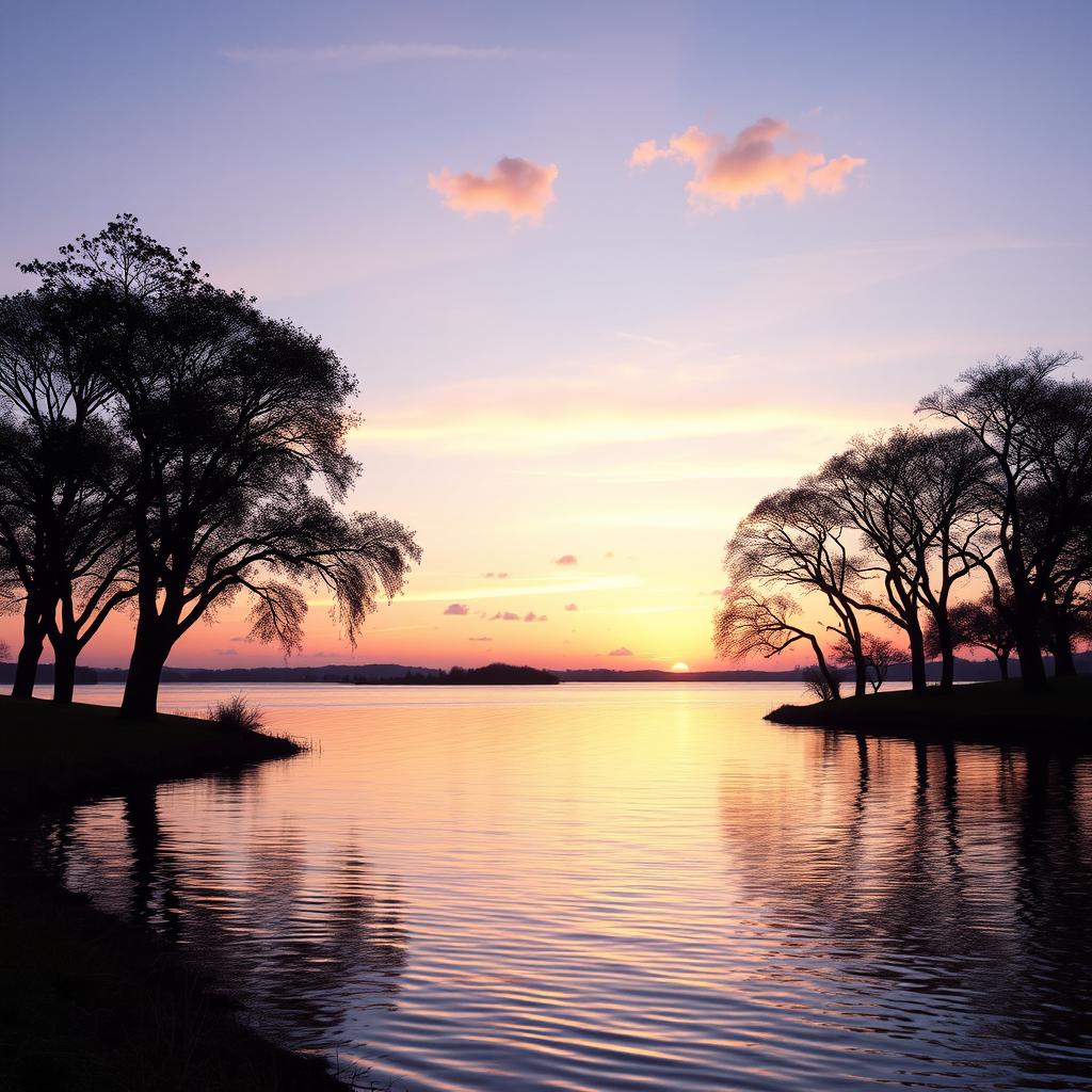 A serene landscape featuring a lovely sunset over a tranquil lake