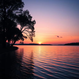 A serene landscape featuring a lovely sunset over a tranquil lake