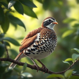 A realistic depiction of a Japanese quail, showcasing its distinctive features such as its round body, patterned feathers with rich shades of brown and cream, and its distinctive white throat and facial markings
