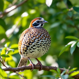 A realistic depiction of a Japanese quail, showcasing its distinctive features such as its round body, patterned feathers with rich shades of brown and cream, and its distinctive white throat and facial markings