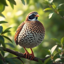 A realistic depiction of a Japanese quail, showcasing its distinctive features such as its round body, patterned feathers with rich shades of brown and cream, and its distinctive white throat and facial markings