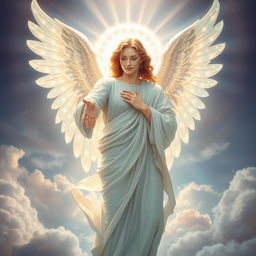 A stunning and ethereal depiction of Angel Gabriel, showcasing beautiful and intricate wings that sparkle with celestial light