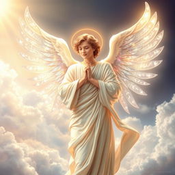 A stunning and ethereal depiction of Angel Gabriel, showcasing beautiful and intricate wings that sparkle with celestial light