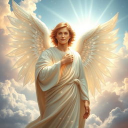 A stunning and ethereal depiction of Angel Gabriel, showcasing beautiful and intricate wings that sparkle with celestial light