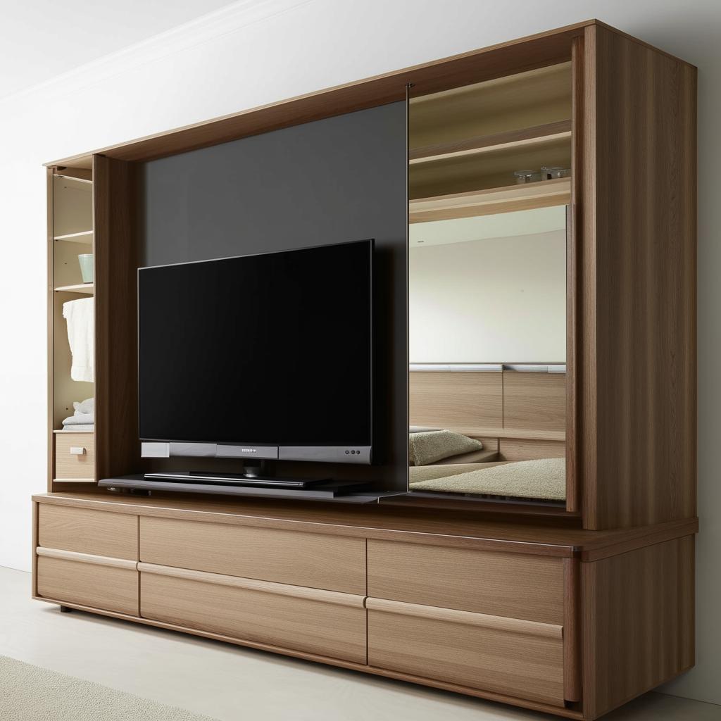 A full-wall TV unit equipped with a mirror-accented wardrobe on the left. The base of the TV unit is composed of numerous covered shelves and drawers optimised for storage.