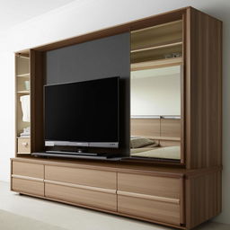 A full-wall TV unit equipped with a mirror-accented wardrobe on the left. The base of the TV unit is composed of numerous covered shelves and drawers optimised for storage.