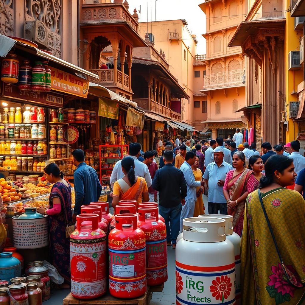 A bustling Indian street market in Jaipur, showcasing colorful stalls filled with various goods