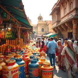 A bustling Indian street market in Jaipur, showcasing colorful stalls filled with various goods