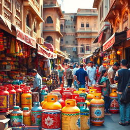 A bustling Indian street market in Jaipur, showcasing colorful stalls filled with various goods