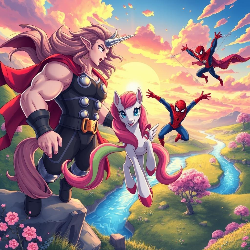 A vibrant crossover scene featuring characters inspired by Marvel superheroes and colorful ponies, set in a fantastical anime-inspired world