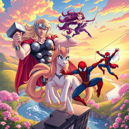 A vibrant crossover scene featuring characters inspired by Marvel superheroes and colorful ponies, set in a fantastical anime-inspired world