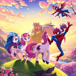 A vibrant crossover scene featuring characters inspired by Marvel superheroes and colorful ponies, set in a fantastical anime-inspired world