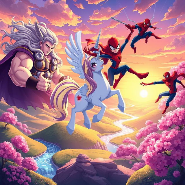 A vibrant crossover scene featuring characters inspired by Marvel superheroes and colorful ponies, set in a fantastical anime-inspired world