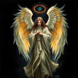 A depiction of the angel Azrael, characterized by a majestic and serene presence, surrounded by an enchanting dark background